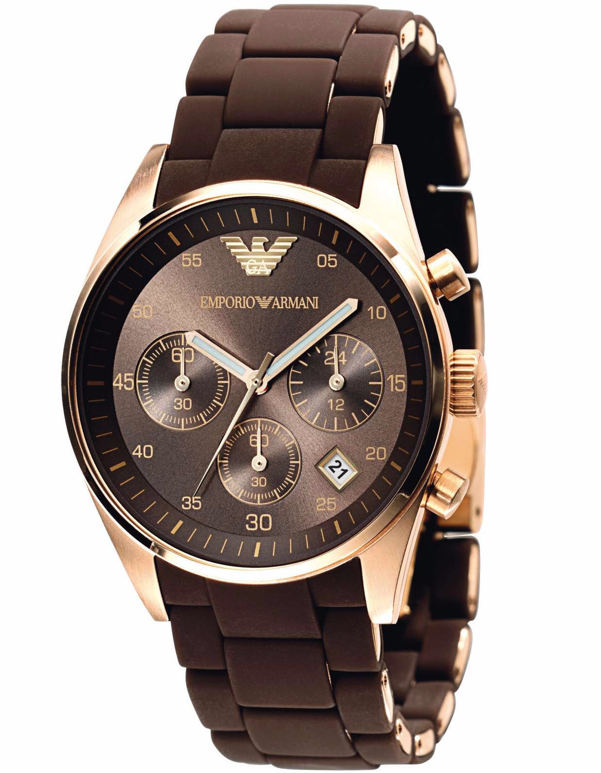 Brown stainless steel watch with a round face, gold accents, three sub-dials, and a date display, featuring a brown silicone strap and the Emporio Armani logo.