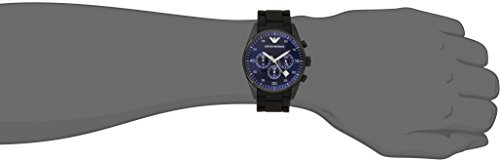 Men's Emporio Armani Sportivo AR5921 chronograph watch features a 43mm blue dial, black silicone-wrapped steel bracelet, and three sub-dials for added functionality.