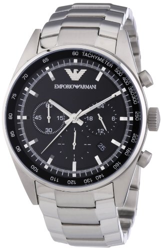 Emporio Armani Sportivo AR5980 men's chronograph watch featuring a 43mm black dial, stainless steel bracelet, and tachymeter scale with three sub-dials and date display.