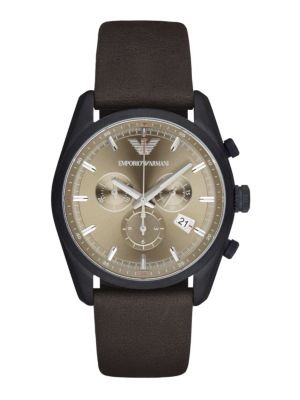 Men's Emporio Armani Sportivo AR6078 chronograph watch features a 42.5mm beige dial, brown leather strap, black case, and silver-tone hour markers and hands.
