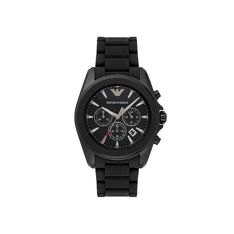 Men's Emporio Armani Sportivo AR6092 chronograph watch features a 43mm black dial, silicone-wrapped steel bracelet, and three sub-dials for added functionality.