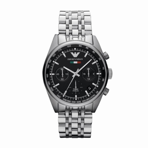 Men's Emporio Armani Team Italia AR5983 chronograph watch features a 43mm black dial, stainless steel bracelet, and red accents, showcasing a sporty yet elegant design.