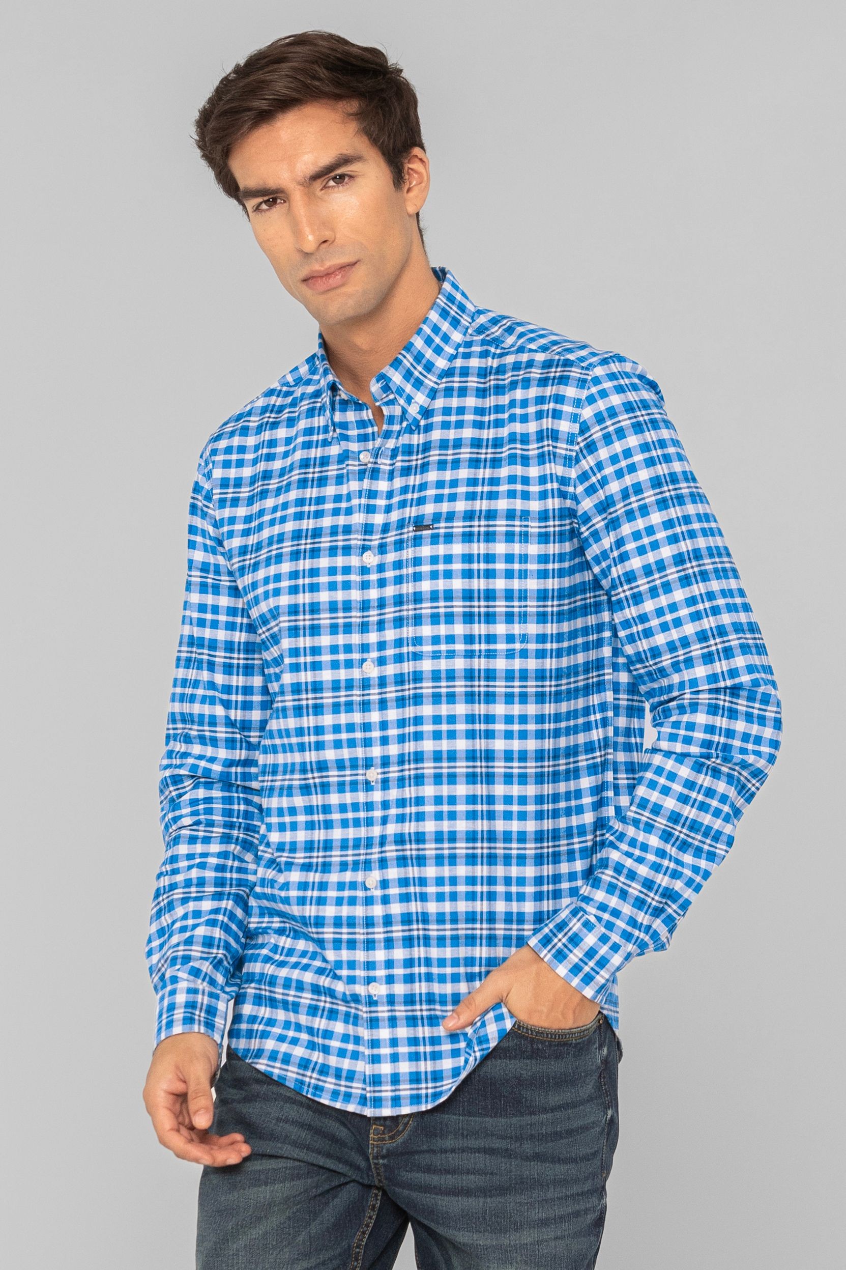 Enorsia Enorsia Men Blue Button Down Collar Long Sleeve Shirt - UK L