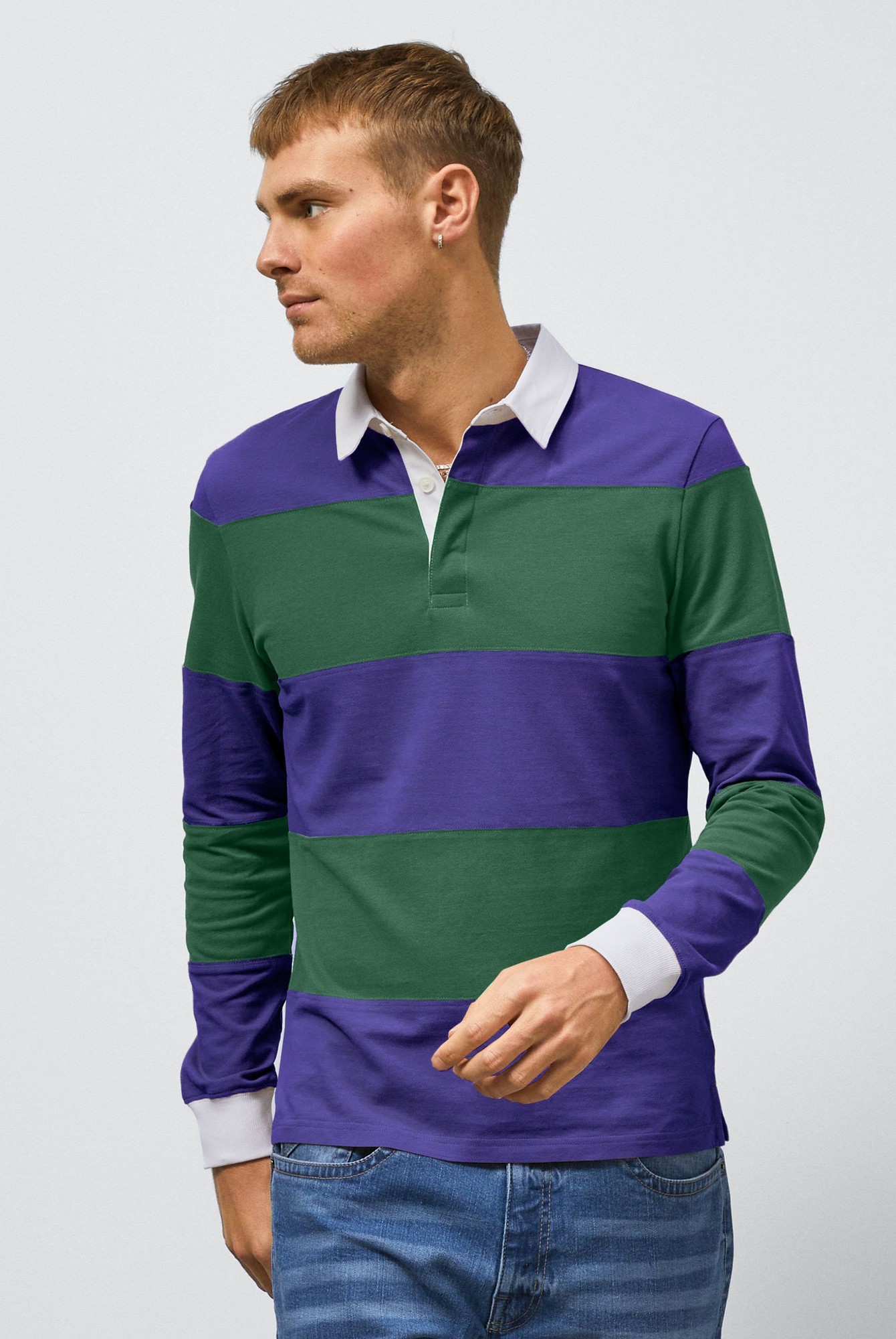 Men's long-sleeve polo shirt featuring blue, green, and purple color blocks, a woven collar, and a relaxed fit, made from soft fabric, size UK S.