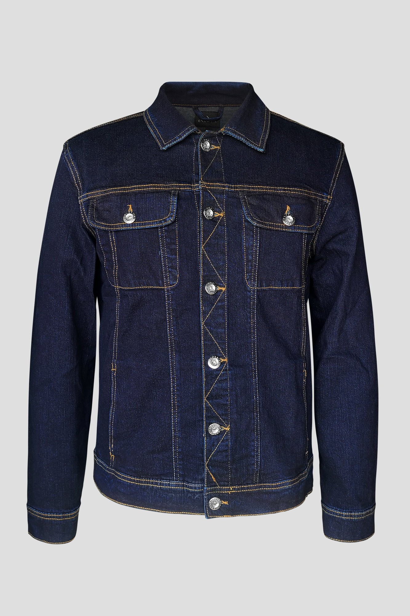 Blue long sleeve raw denim jacket featuring a classic collar, front button closure, two chest pockets, and contrasting stitching, available in UK size XXL.