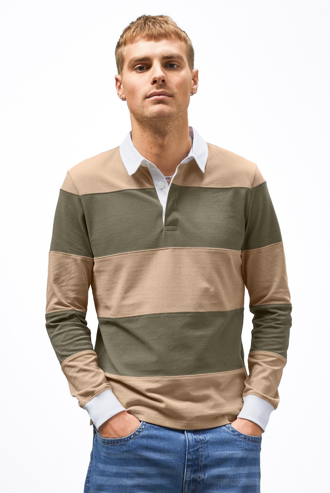 Cream long-sleeve polo shirt featuring a woven collar, with horizontal color blocks in cream, olive green, and tan, designed for men in UK size L.