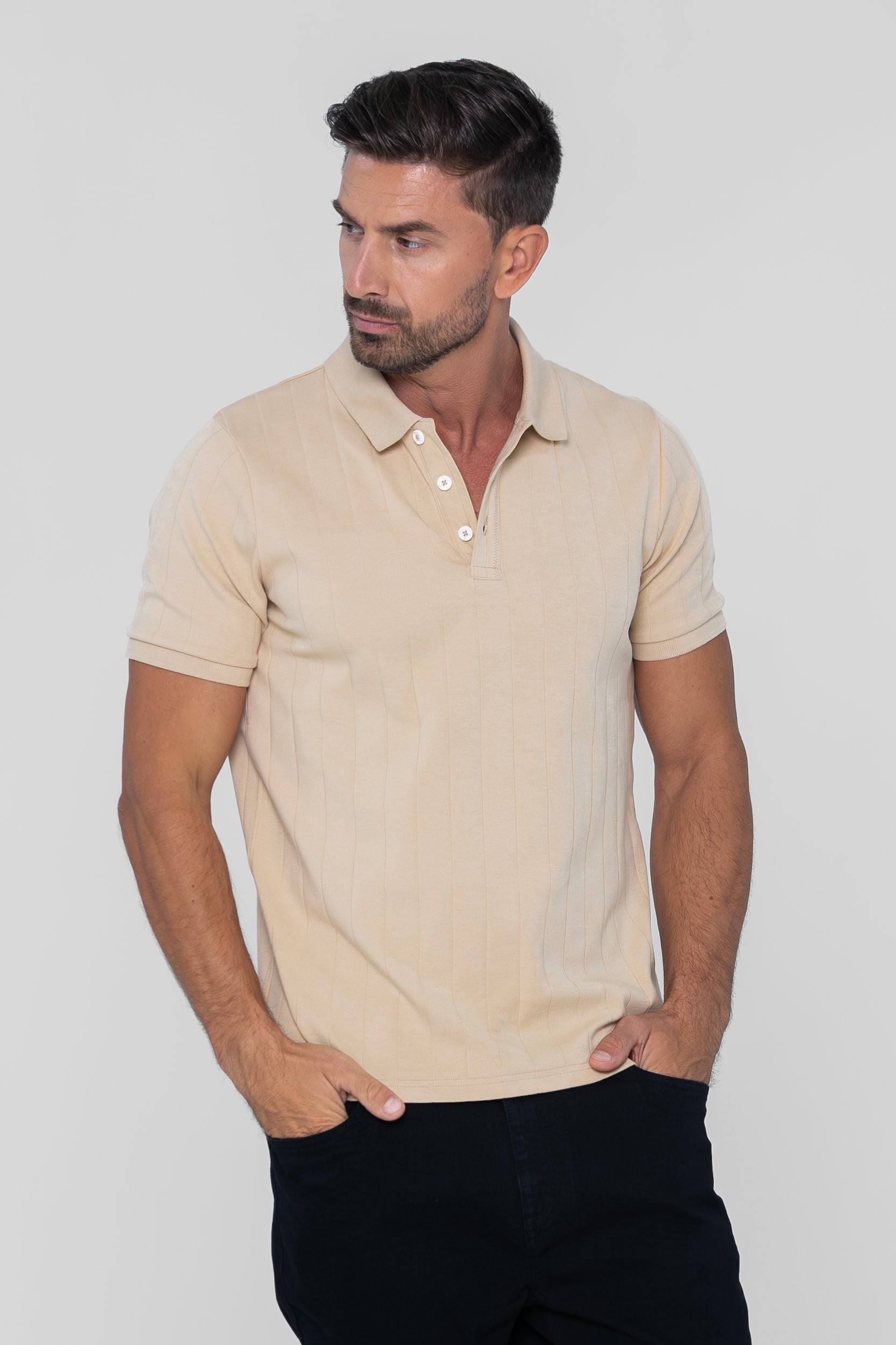 Cream ribbed polo shirt for men by Enorsia, featuring a classic collar, short sleeves, and a fitted design, available in UK size XXL.