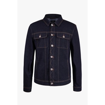 Men's long sleeve denim jacket in marine blue, featuring a classic collar, two chest pockets, and contrasting stitching for a stylish, raw denim look.
