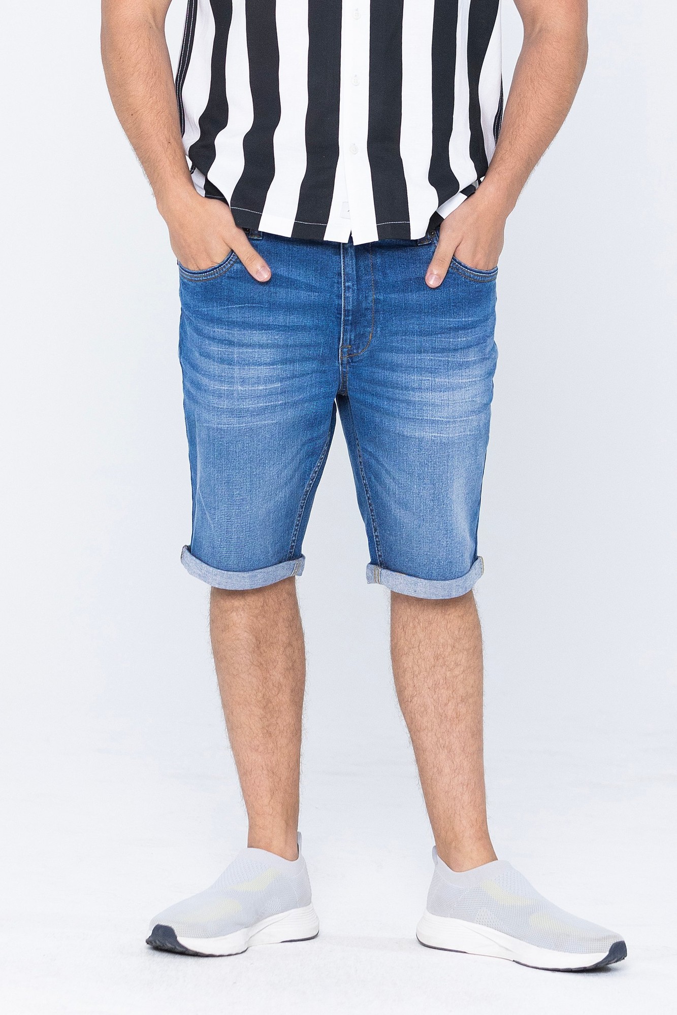 Enorsia Enorsia Mens Mid Blue Skinny Fit Turned Denim Shorts - UK 30