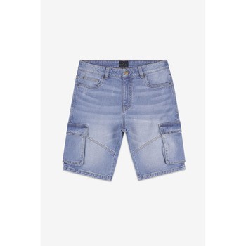 Blue denim cargo shorts with multiple pockets, a relaxed fit, and a faded wash, featuring a zip fly and button closure.