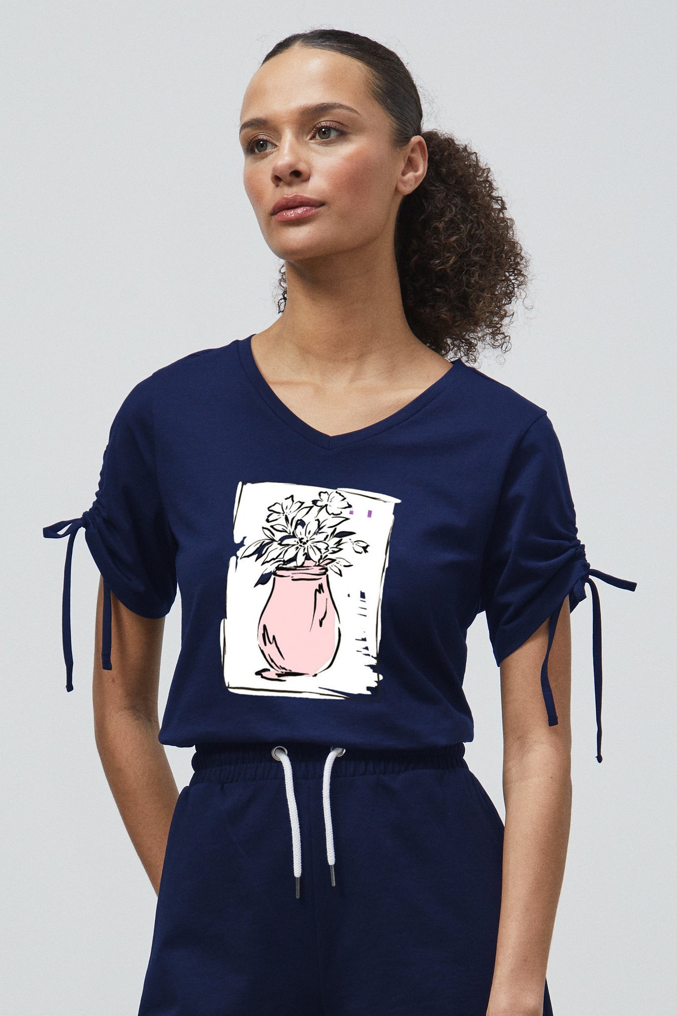 Enorsia Enorsia Womens Blue Ruched Sleeves Chest Printed T-Shirt - UK 18
