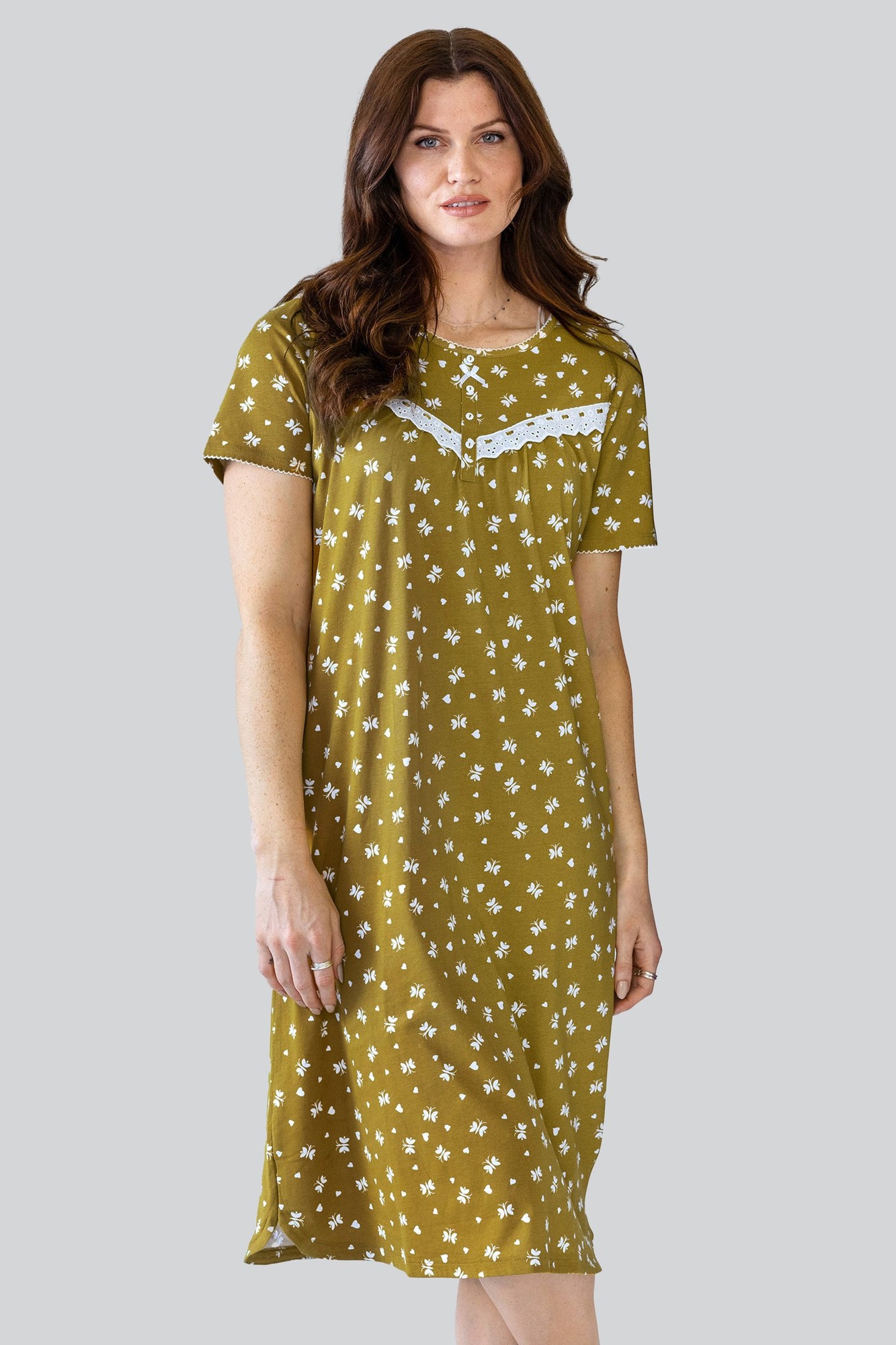 Mustard short-sleeve nightdress featuring a butterfly print and lace trims, designed by Enorsia, in UK size 10.