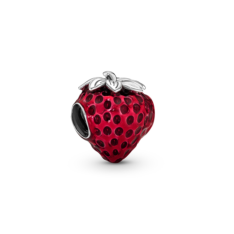 Red enamel strawberry charm with a textured surface and silver leaf detailing, designed to fit Pandora bracelets.