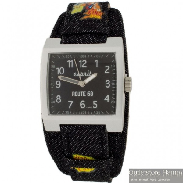 Square black dial watch with white numerals, silver case, and a fabric strap featuring colorful graphics, labeled "ROUTE 68" and "Esprit."