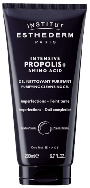 Black tube with a sleek design, labeled "Intensive Propolis+ Amino Acid Purifying Cleansing Gel," 200ml, featuring white text and a minimalist aesthetic.