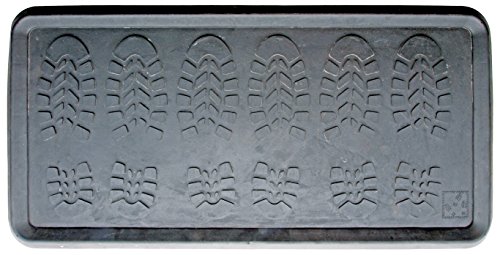 Black rubber boot tray featuring raised boot print designs, designed to catch dirt and moisture, with a rectangular shape and durable construction for outdoor use.