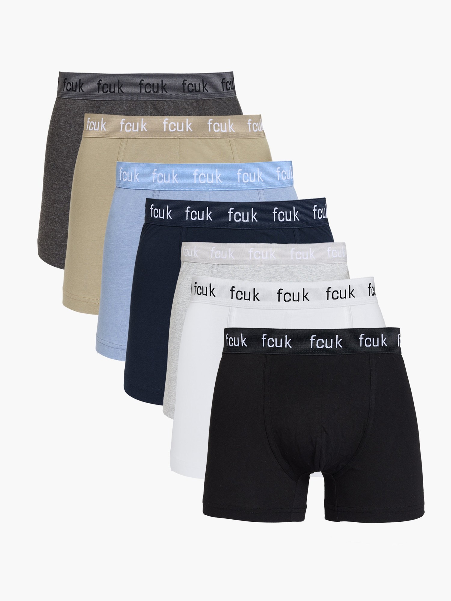 Seven-pack of FCUK boxers featuring a mix of colors: black, white, grey, beige, navy, light blue, and a light tan, all with a comfortable elastic waistband displaying "fcuk."