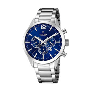 Men's Festina F20343-7 quartz chronograph watch features a blue dial with three sub-dials, silver stainless steel case, and bracelet, showcasing a sporty yet elegant design.