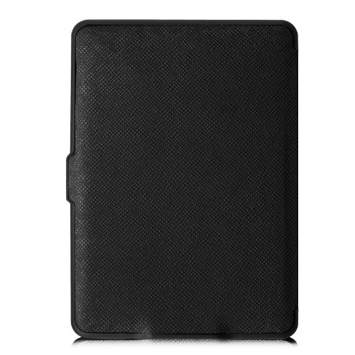 Black leather cover for Kindle Paperwhite, featuring a textured finish, slim design, and auto sleep/wake functionality.