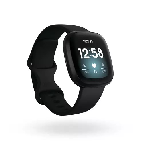 Black Fitbit Versa 3 smartwatch with a 40 mm AMOLED digital touchscreen, displaying time, heart rate, and activity stats, featuring a sleek design and adjustable strap.