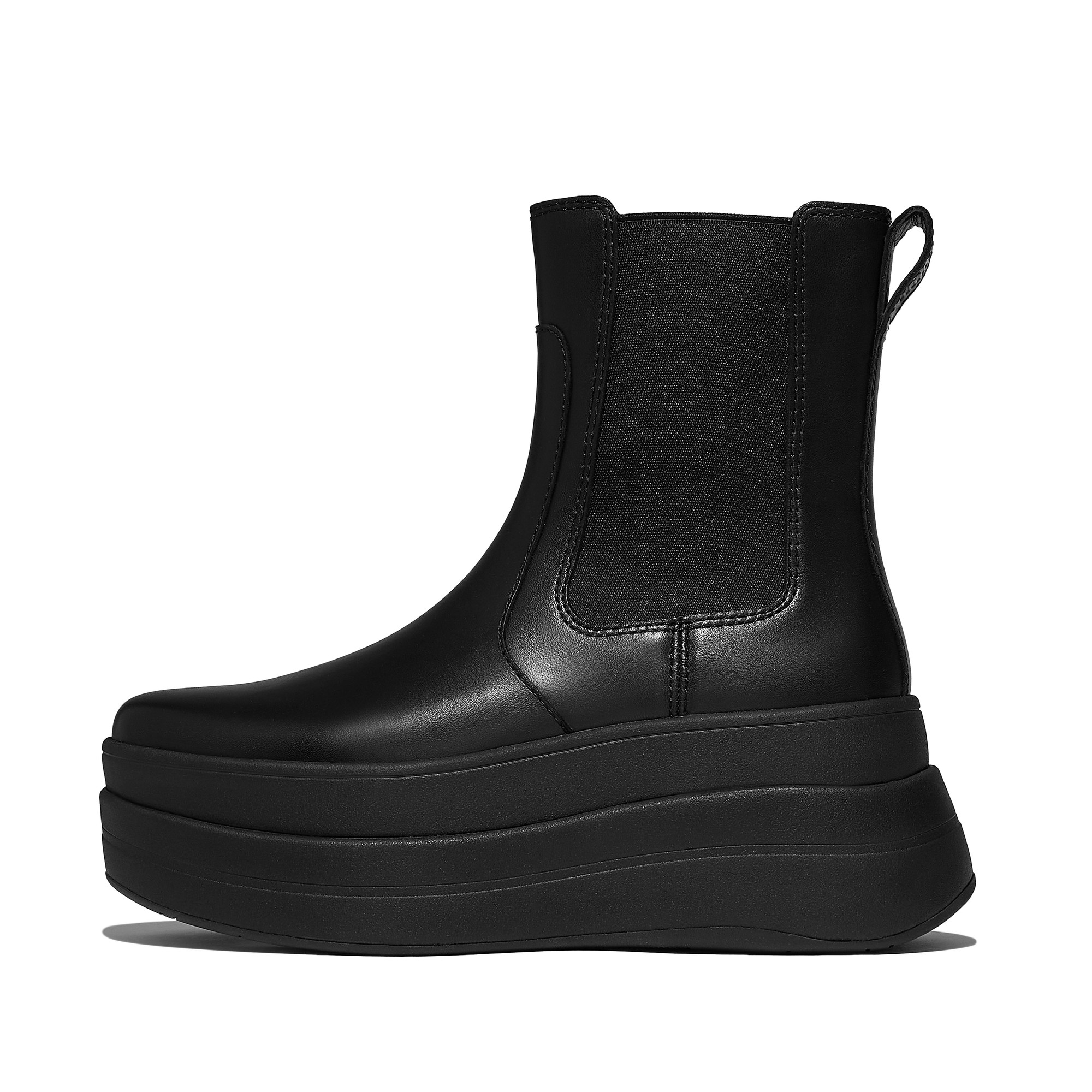 Black leather women's boots by FitFlop featuring a sleek design, elastic side panels, and a chunky platform sole for added height and comfort.
