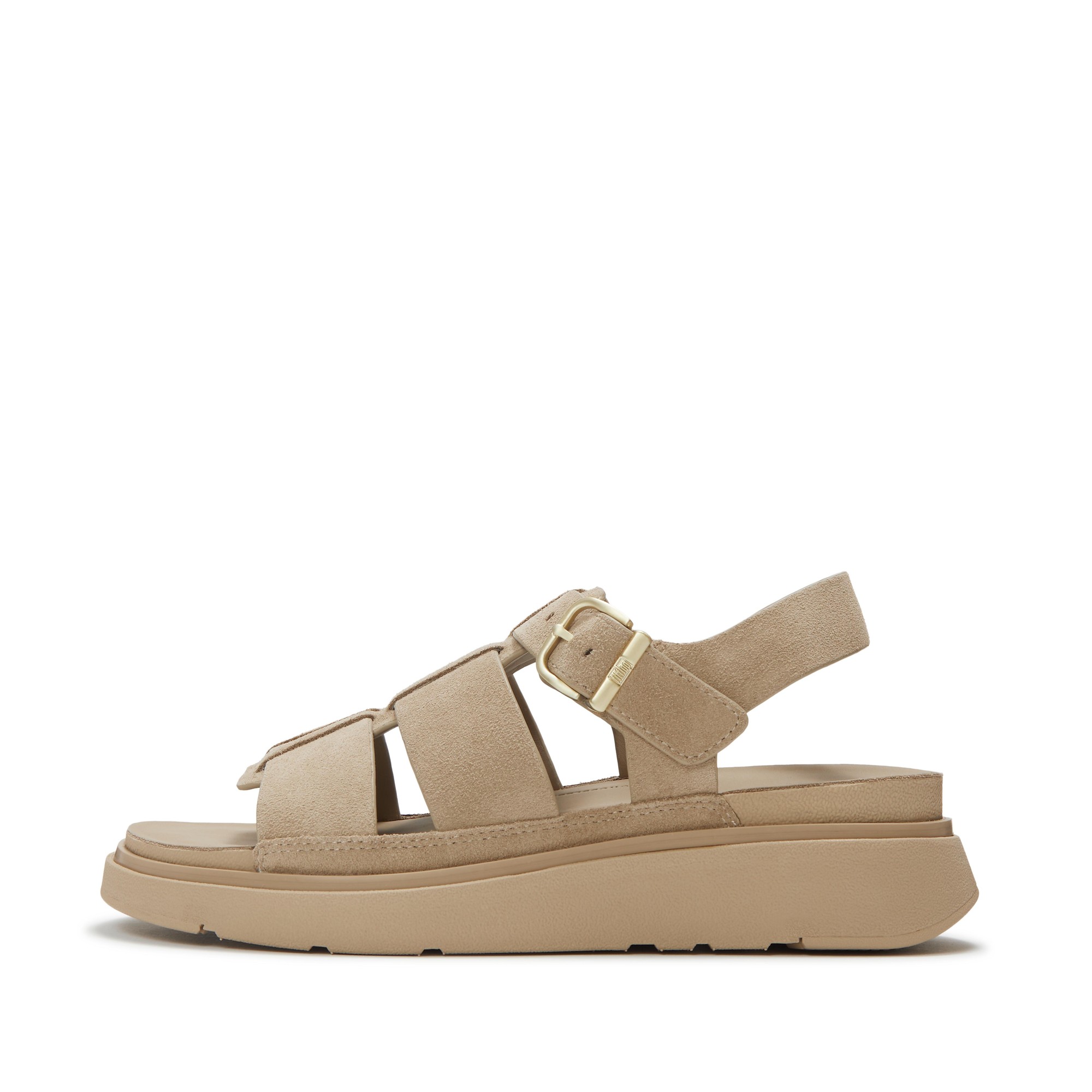 Beige suede fisherman sandals featuring three wide straps, a buckle closure, and a cushioned sole for comfort.