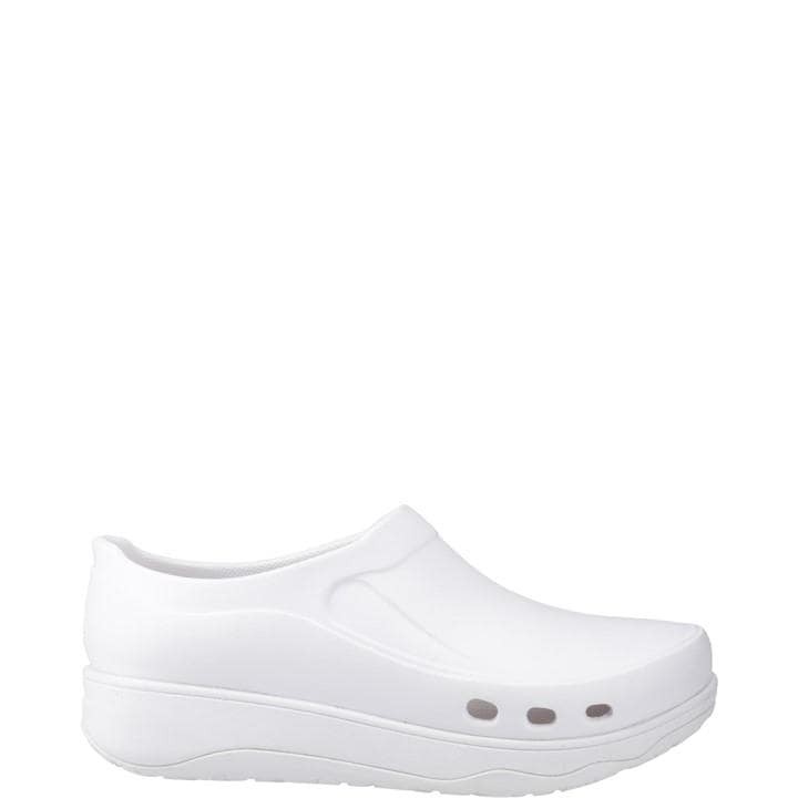 White high-performance professional clogs made of EVA foam, featuring a slip-on design and ventilation holes, available in size US 6.