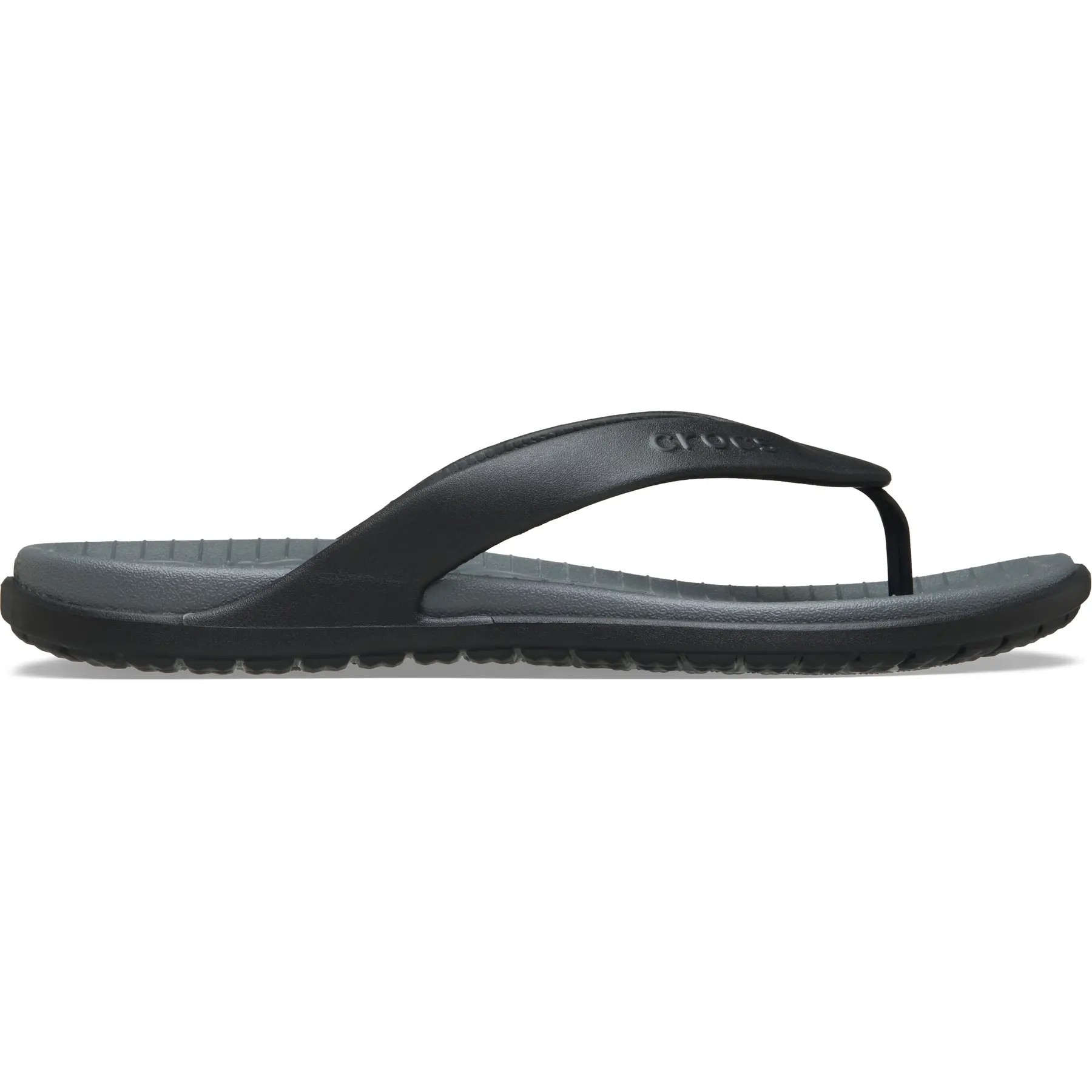 Black and slate grey Crocs men's flip-flops with a sleek design, featuring a soft rubber strap and textured sole for comfort and grip.