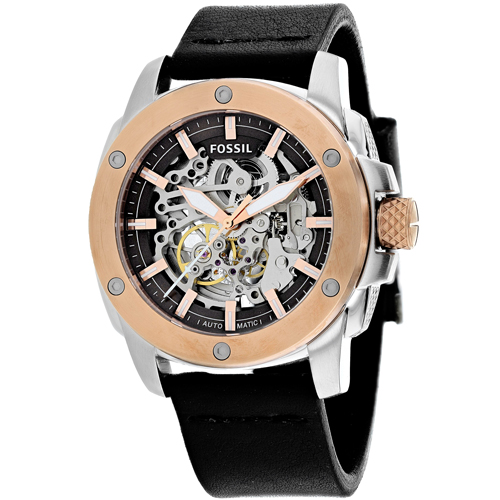 Fossil ME3082 automatic skeleton men's watch features a black dial with visible gears, rose gold-tone bezel, silver stainless steel case, and a black leather strap.