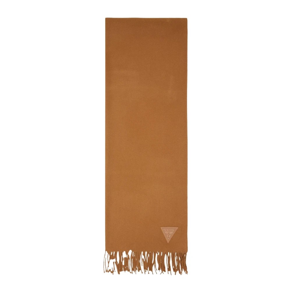 Brown jacquard foulard by Guess, featuring a triangular logo patch and fringed edges, crafted from soft material for a stylish accessory.