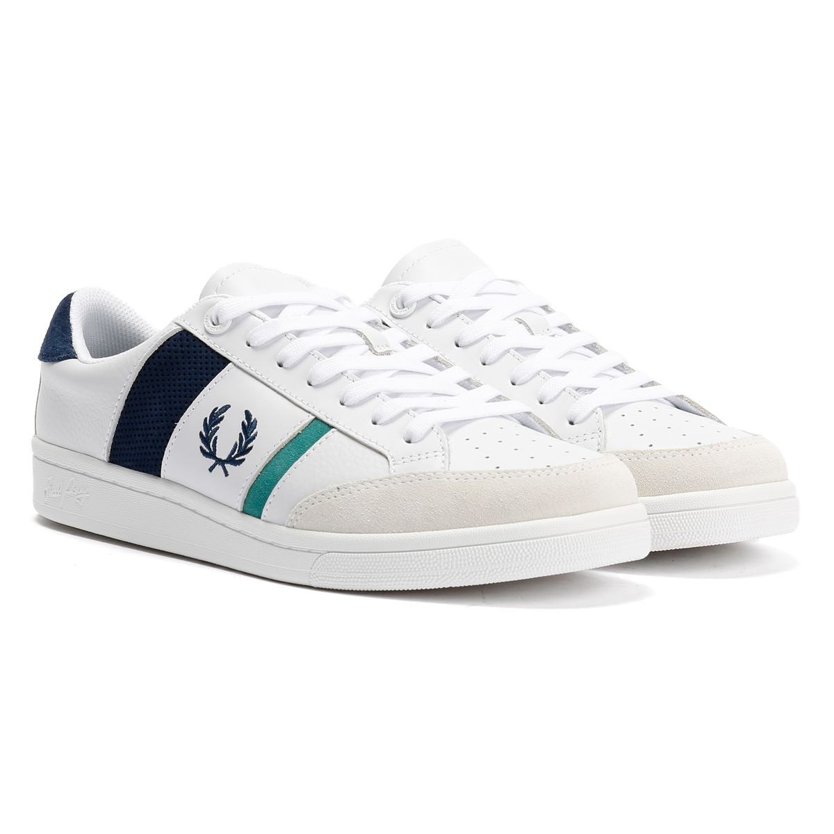White leather and suede trainers with navy and mint accents, featuring a classic Fred Perry logo and textured panels on the sides.