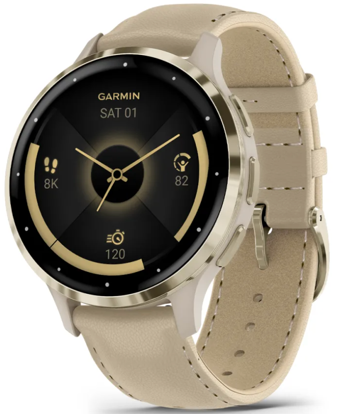 Soft gold stainless steel watch with a round face, black display, gold accents, and a beige leather strap, featuring fitness tracking and customizable watch faces.