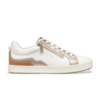 White and nude trainers featuring a sleek design, metallic gold accents, a side zipper, and a textured sole for added grip.