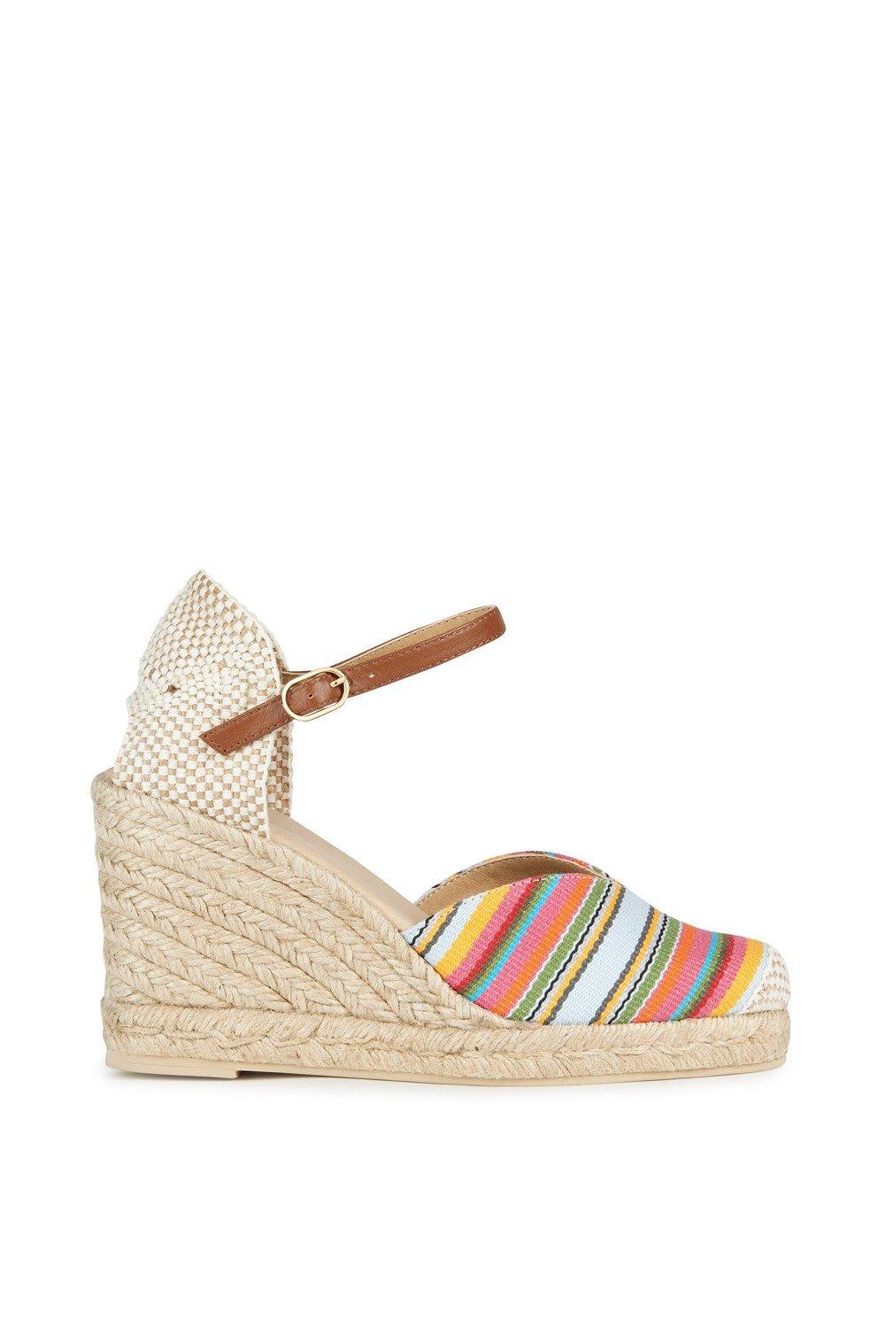 Multicolour striped leather wedge sandal with a woven jute sole, featuring a brown ankle strap and a breathable design, size UK 5.