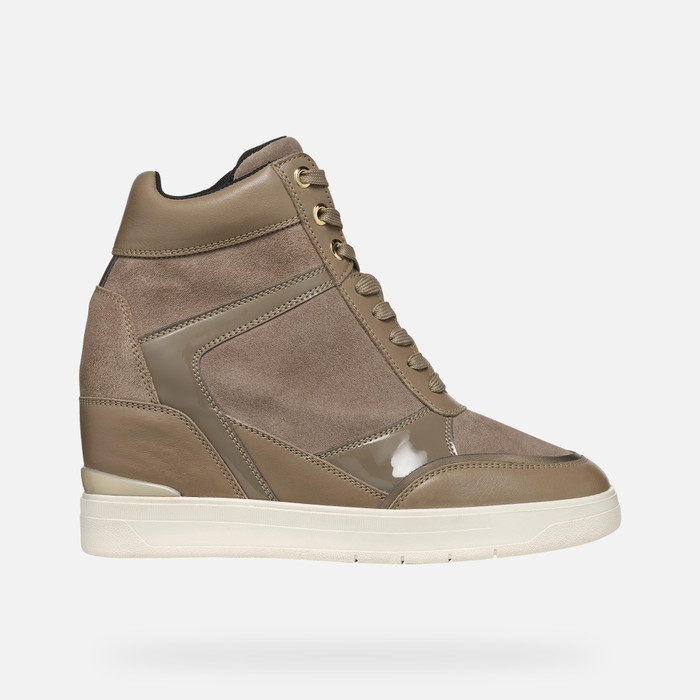 Dark taupe high-top trainers with a mix of suede and glossy material, featuring a lace-up front, padded collar, and a white rubber sole.