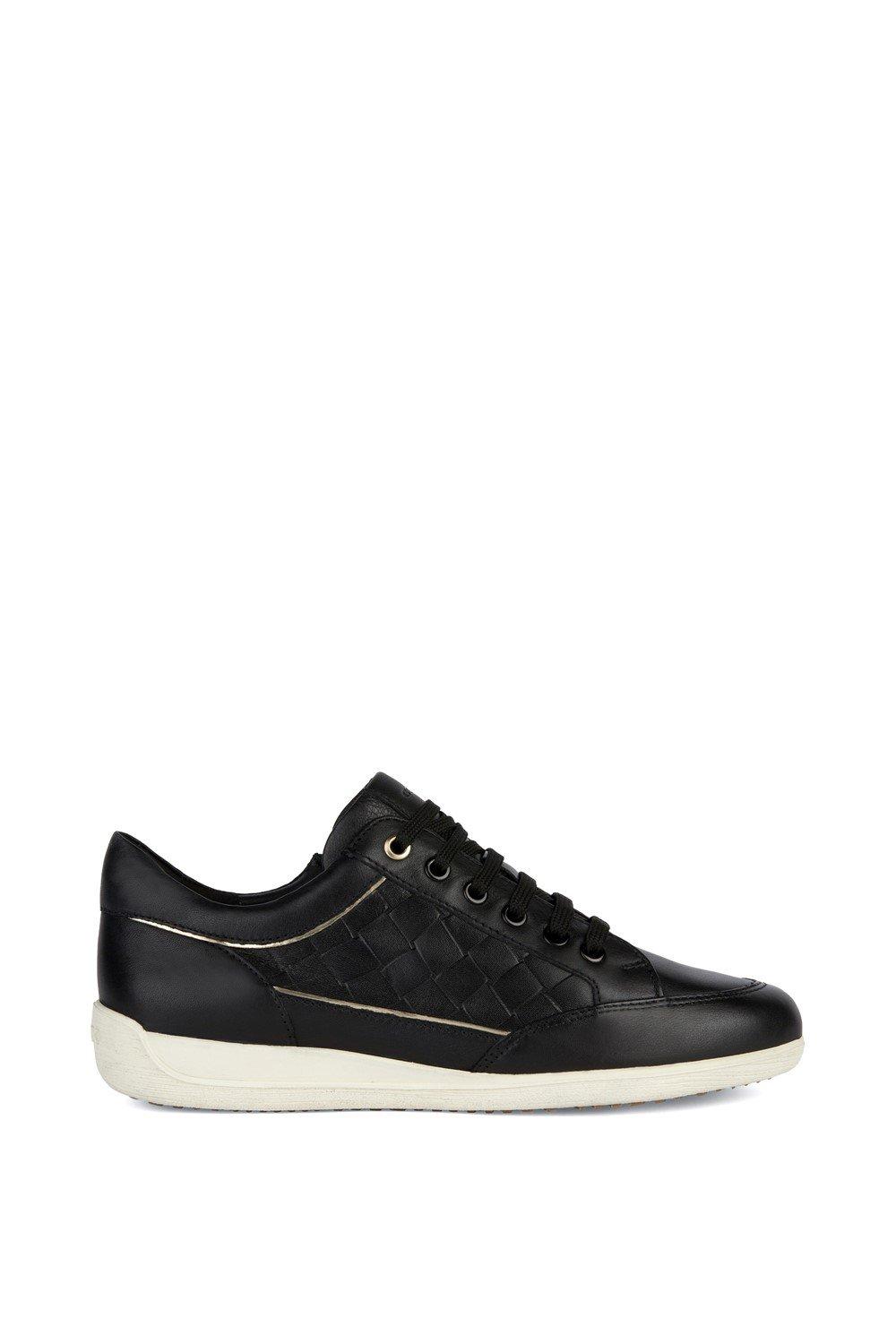 Black rubber sports shoes for women by Geox, featuring a textured woven design, lace-up front, and a contrasting white sole, available in UK size 4.