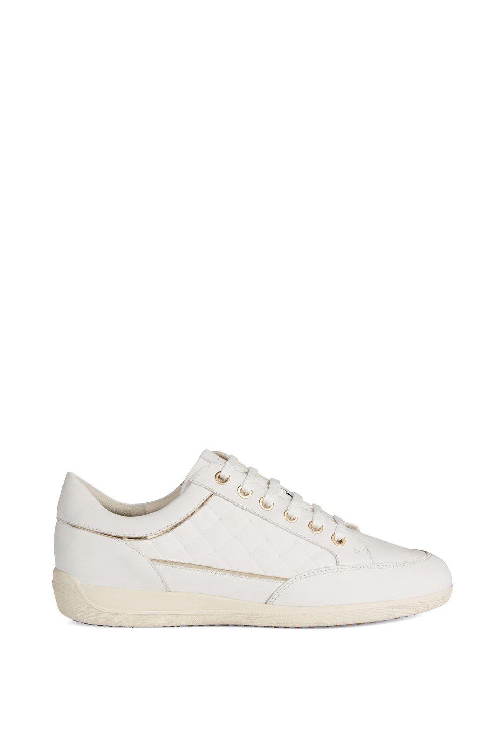 White Geox Women's D MYRIA sneakers feature a quilted design, gold eyelets, and a textured sole, combining style with comfort for casual wear.
