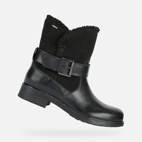 Black leather mid boot for women featuring a soft black suede cuff, buckle detail, and a chunky heel, available in size UK 4 by Geox.