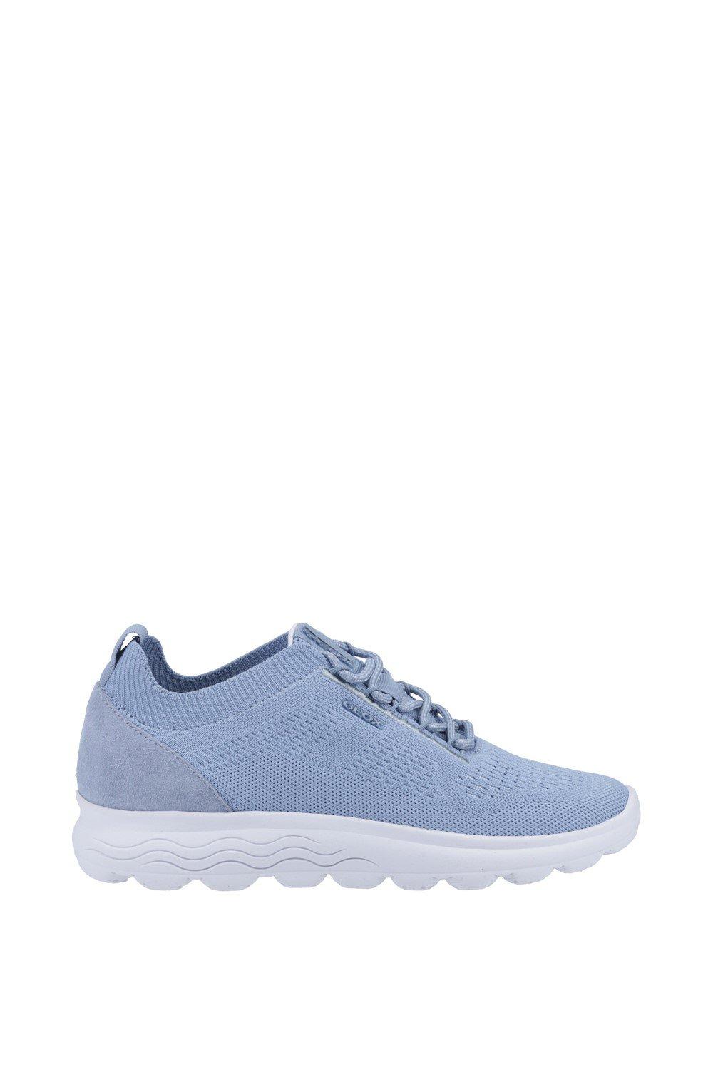 Light blue Geox Spherica women's sneakers in size UK 4, featuring a breathable knit upper, suede accents, and a cushioned white sole for comfort.