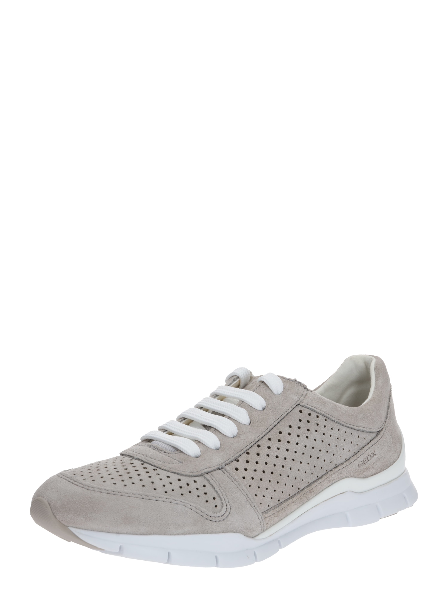 Light grey Geox D Sukie B sneakers featuring a suede upper with perforations, white laces, and a cushioned sole for comfort and breathability.