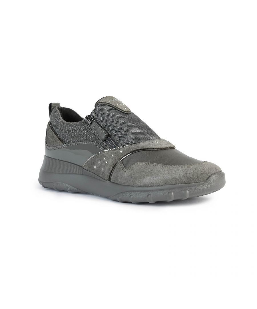 Dark grey Geox women's sports shoes featuring a slip-on design with a zip closure, mesh panels, and a cushioned sole, available in UK size 4.