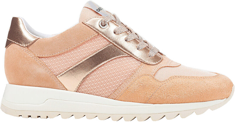 Peach leather and mesh women's sneakers by Geox, featuring metallic rose gold accents, lace-up design, and a white rubber sole, size UK 3, waterproof construction.
