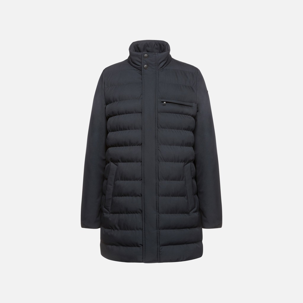 Dark navy long hooded puffer jacket featuring a quilted design, high collar, and a zippered chest pocket for added functionality.