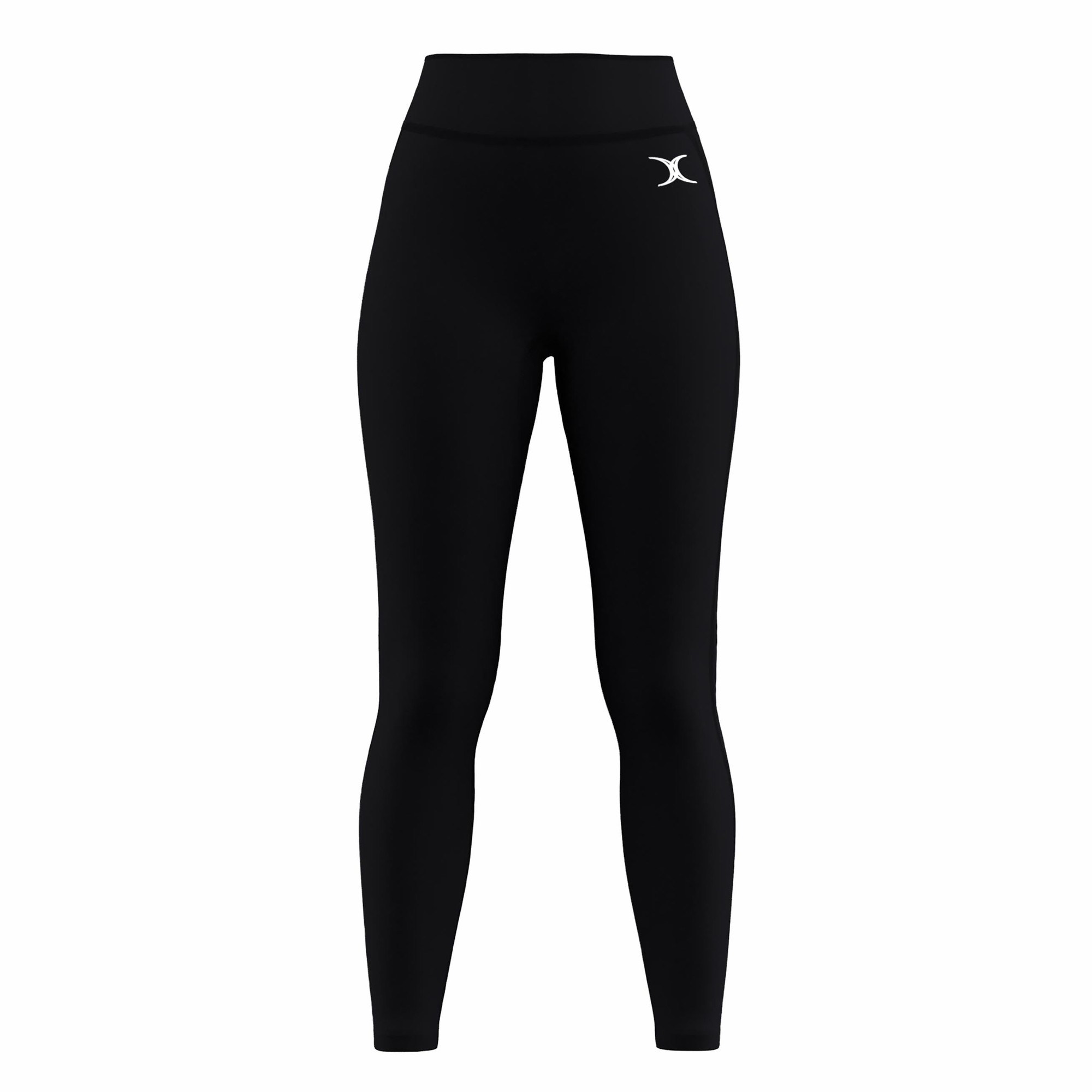 Black leggings for girls by Gilbert Netball, featuring a high waistband and a small white logo on the left side, made from a stretchy, comfortable material.