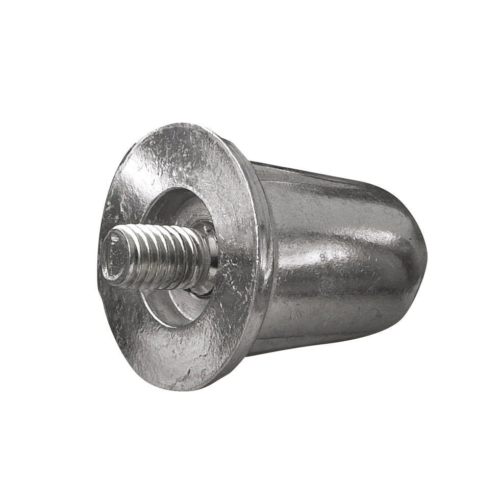 Silver aluminium rugby studs with a rounded top and threaded base, designed for enhanced traction on the field.