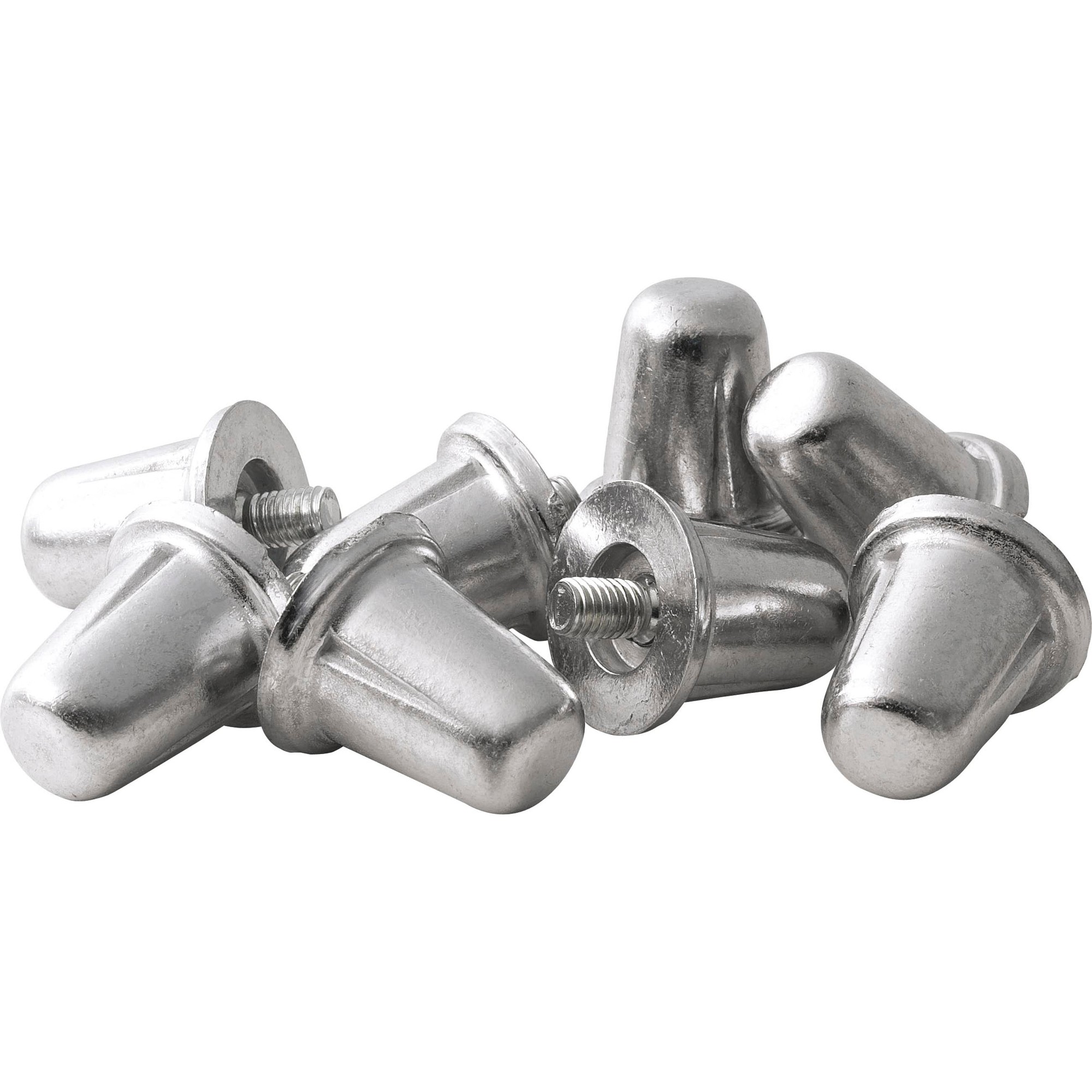 Silver aluminium rugby studs with a conical shape and threaded base, designed for enhanced grip on the field, arranged in a scattered formation.