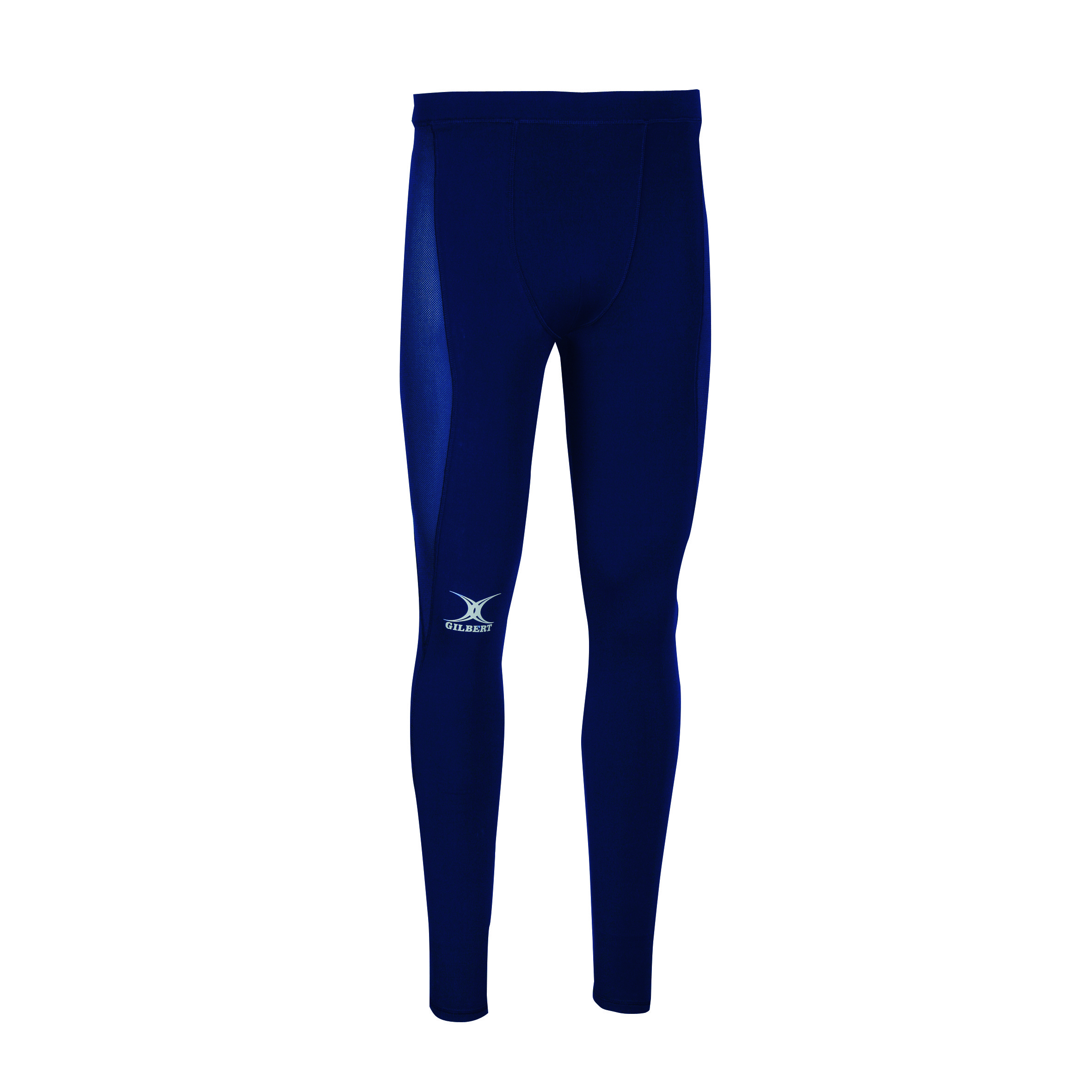 Black junior leggings by Gilbert Rugby, made from a stretchy material, featuring a fitted design and the Gilbert logo on the left leg.