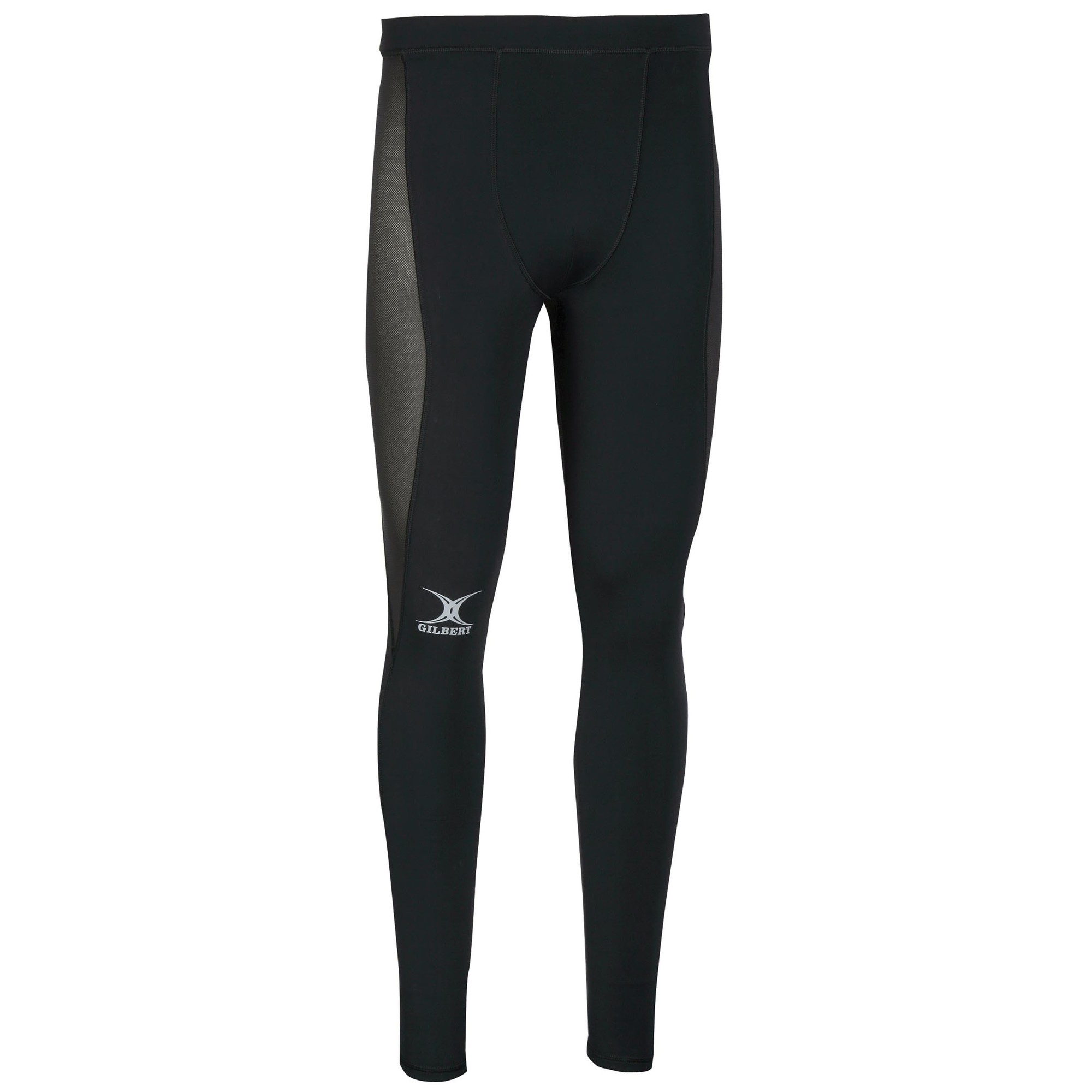Black men's baselayer leggings by Gilbert Rugby, featuring a snug fit, breathable mesh panels on the sides, and a small white Gilbert logo on the lower leg.