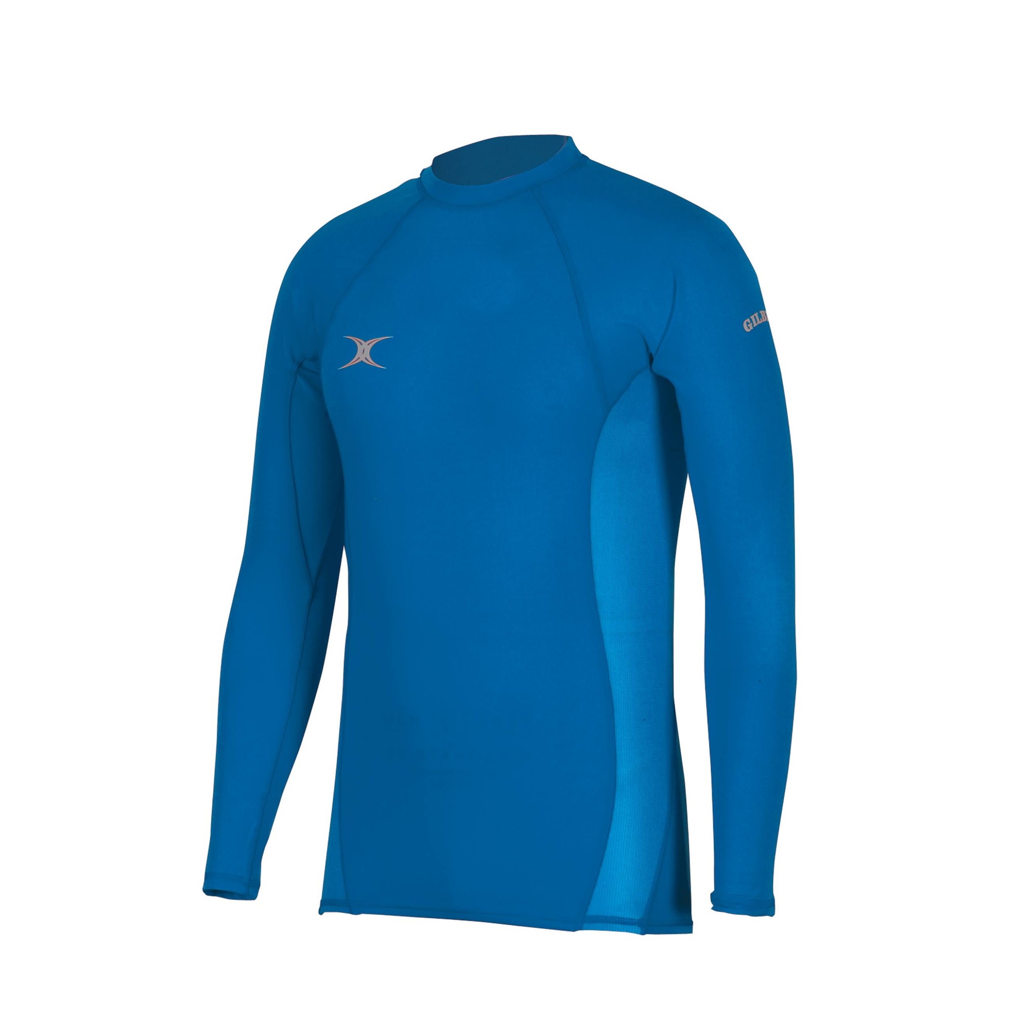 Black long-sleeve baselayer top for juniors by Gilbert Rugby, made from stretchy material, featuring a round neck and subtle logo detailing on the sleeve.