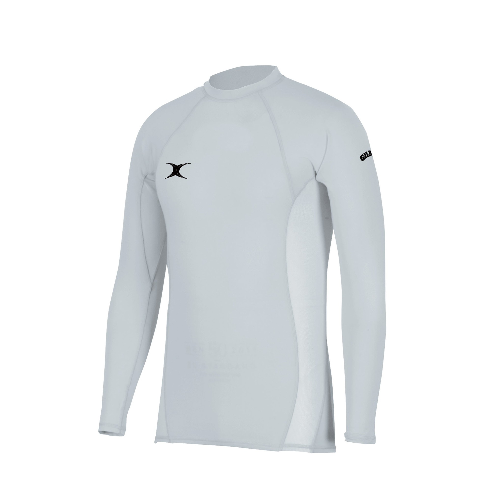 Black long-sleeve baselayer top for men by Gilbert Rugby, featuring a sleek design, stretchable material, and a logo on the chest and sleeve.